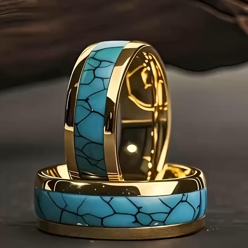 Stylish Unisex 316L Stainless Steel Wedding Ring - Golden Plated with Simulated Turquoise Inlays, December Birthstone, Elegant Bohemian Design for Cas