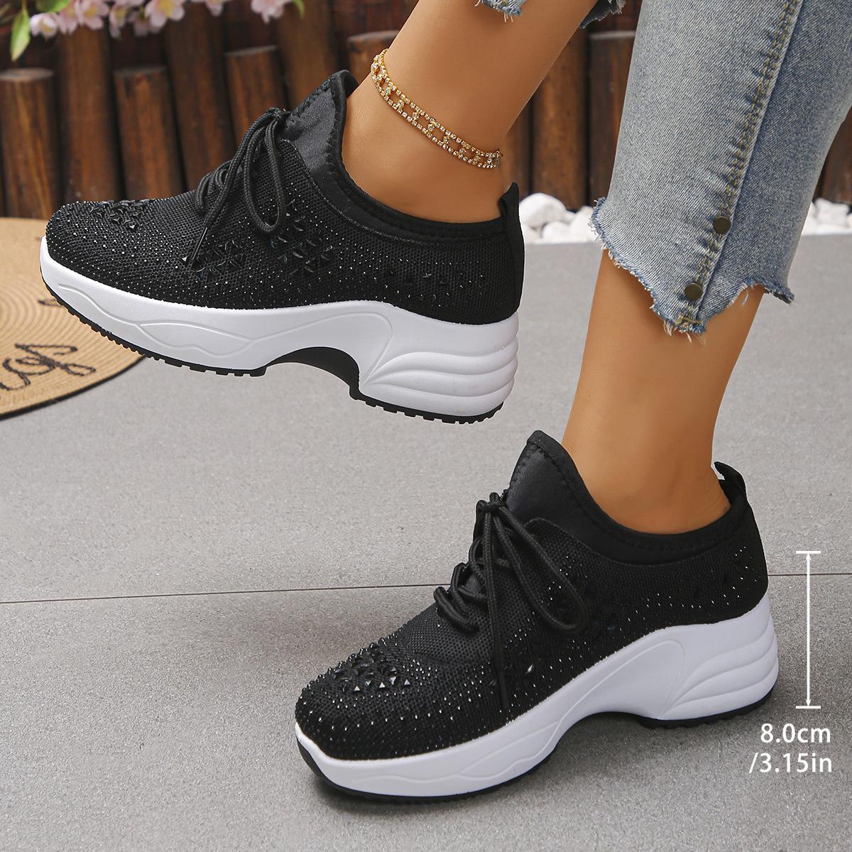 Women s Shiny Rhinestone platform Wedge Sneakers Breathable Knit Non Slip Walking tennis Shoes Woman Fashion Thick Sole Sneakers 35