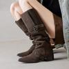 Fashion New Square Heels Knee High Boots Women Pointed Toe Runway Shoes Woman Suede Leather Metal Buckle Long Western Cowboy Boots Woman