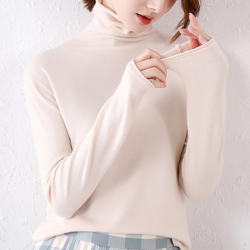 Women's High-Neck Solid Color Woolen Sweater - Slim Fit Knit Pullover for Autumn/Winter