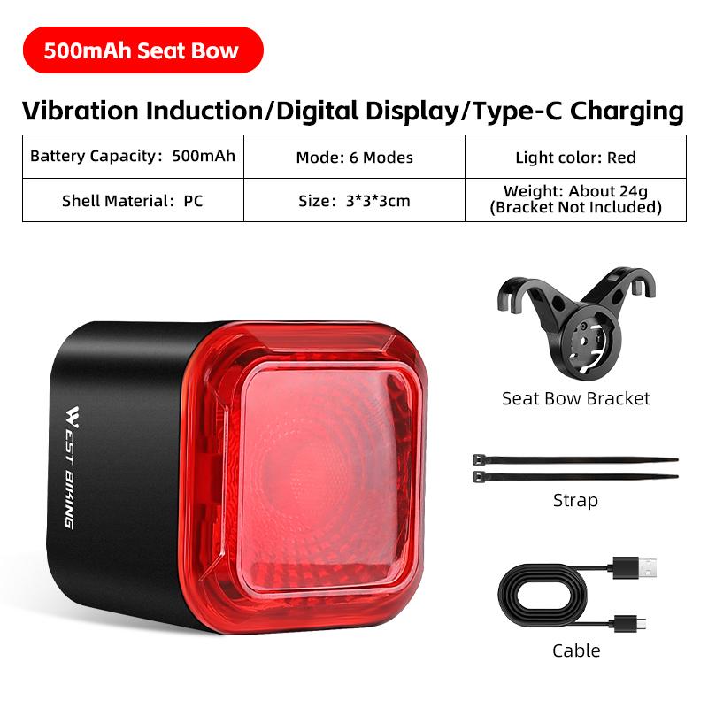 WEST BIKING Smart Brake Tail Light Brake Sensing Digital Power Display Mini Taillight Auto Start/Stop Waterproof Bike Rear Light 500mAh Seat Bow