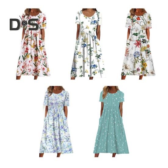 Women's Summer Short Sleeve Dress Casual Floral Print Round Neck Midi Dress with Pockets Flowy A-line Beach Sundress