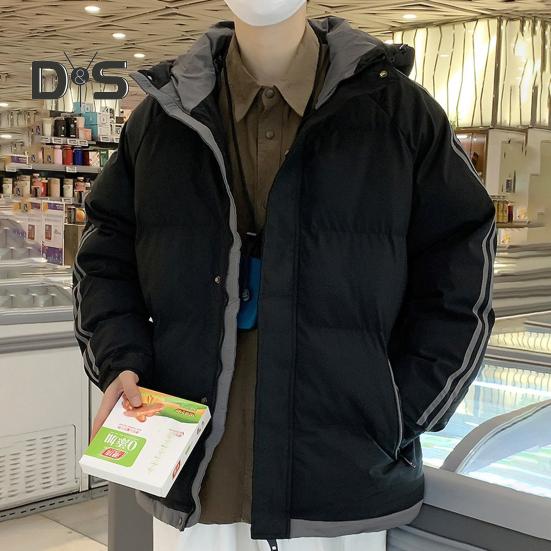 Giacca da uomo in cotone con cappuccio, manica lunga, patchwork, colore imbottito, antivento, caldo cotone, patta con cerniera, capospalla