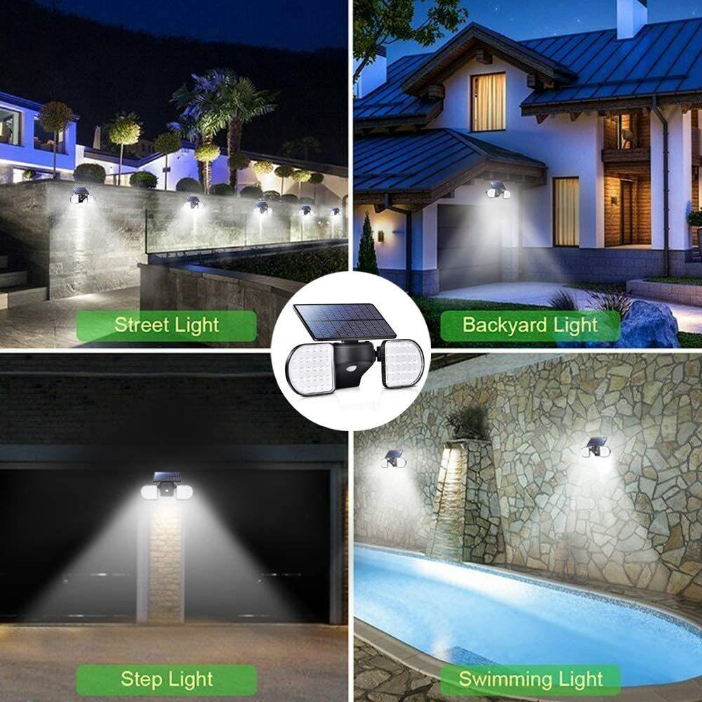 LED Double Head Solar Wall Spotlight with Motion Sensor for Outdoor Garden and Courtyard Lighting.