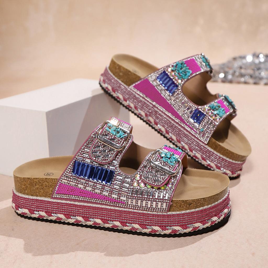 2025 nouvelles pantoufles de plage à semelle épaisse en corde de chanvre à double boucle et strass pour le commerce extérieur, grande taille pour femmes, style européen et américain