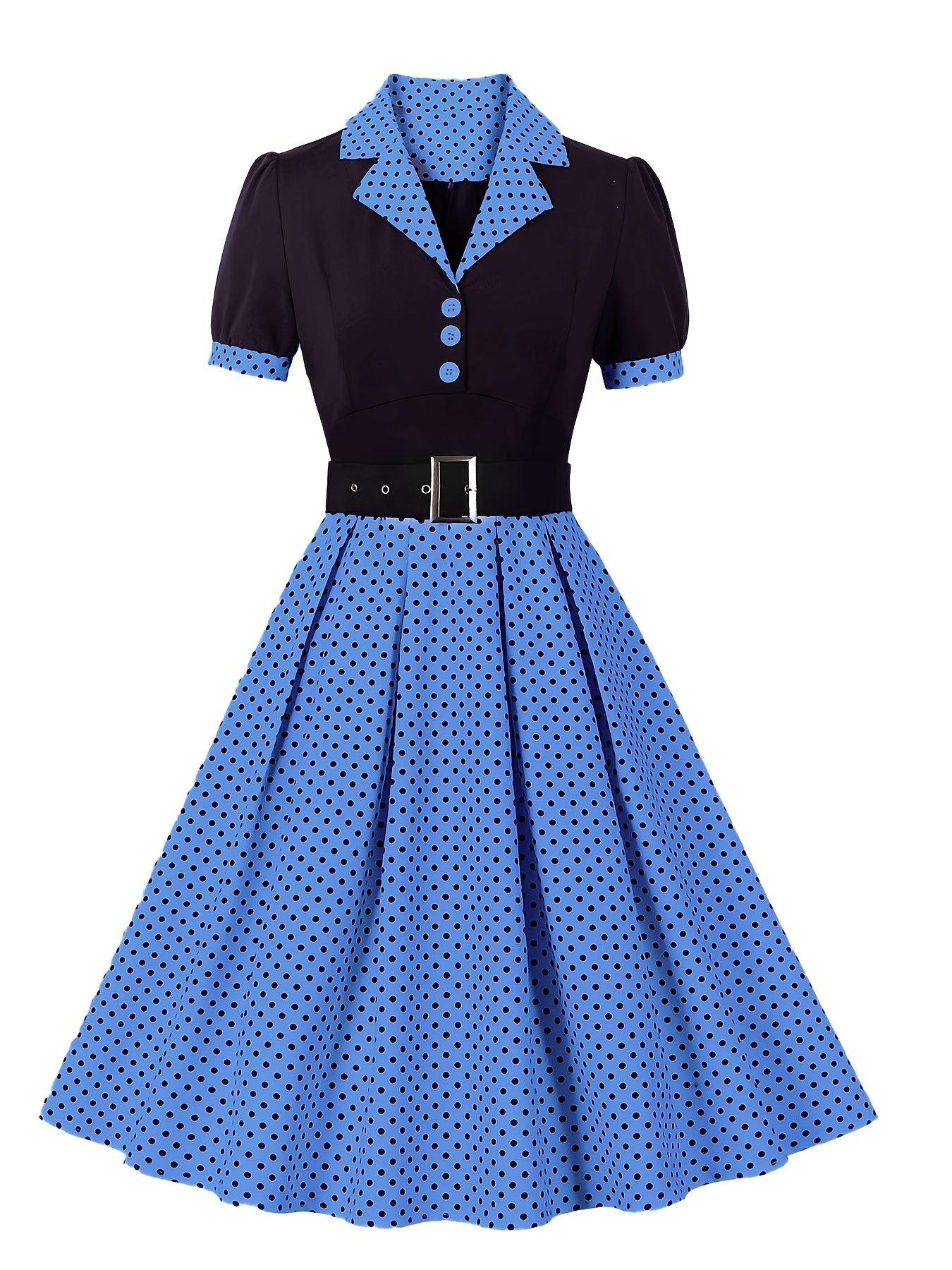 Women s Short Sleeve Polo Collar Button Front Belted Waist Flared A-Line Dress Multi Color S