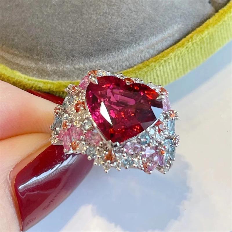 Elegant Heart-Shaped Gemstone & Diamond Ring for Women - Adjustable, Trendy, Cold Aesthetic Style Open Adjustable