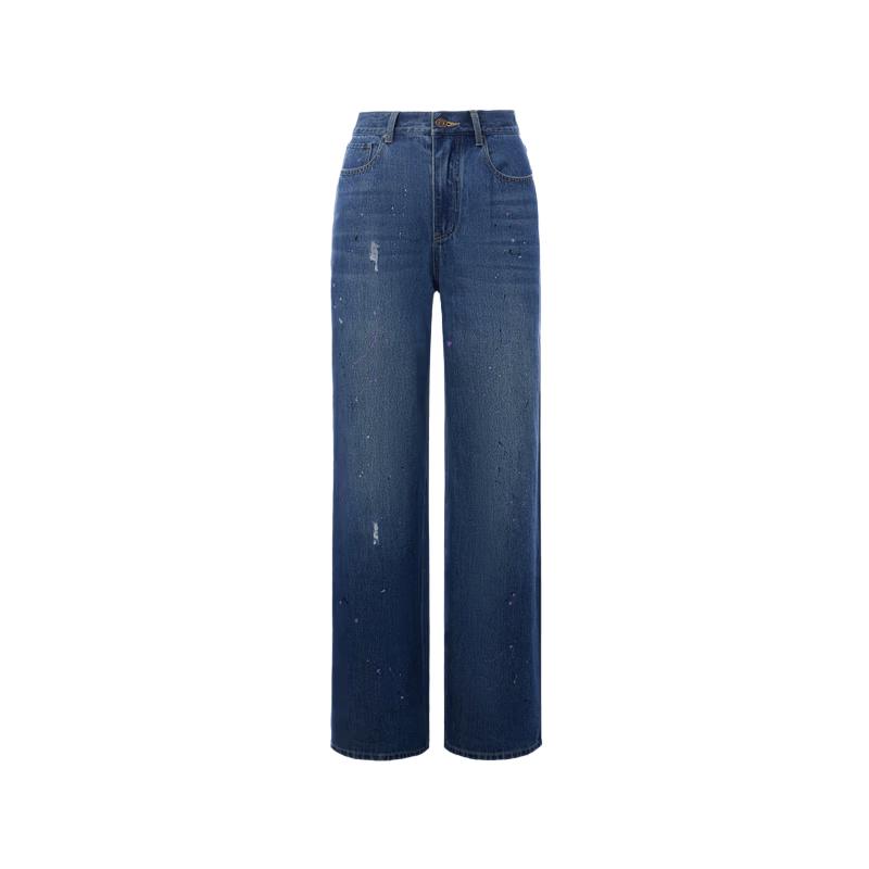 LANCY Distressed Straight Leg Jeans with Ink Splash Design S