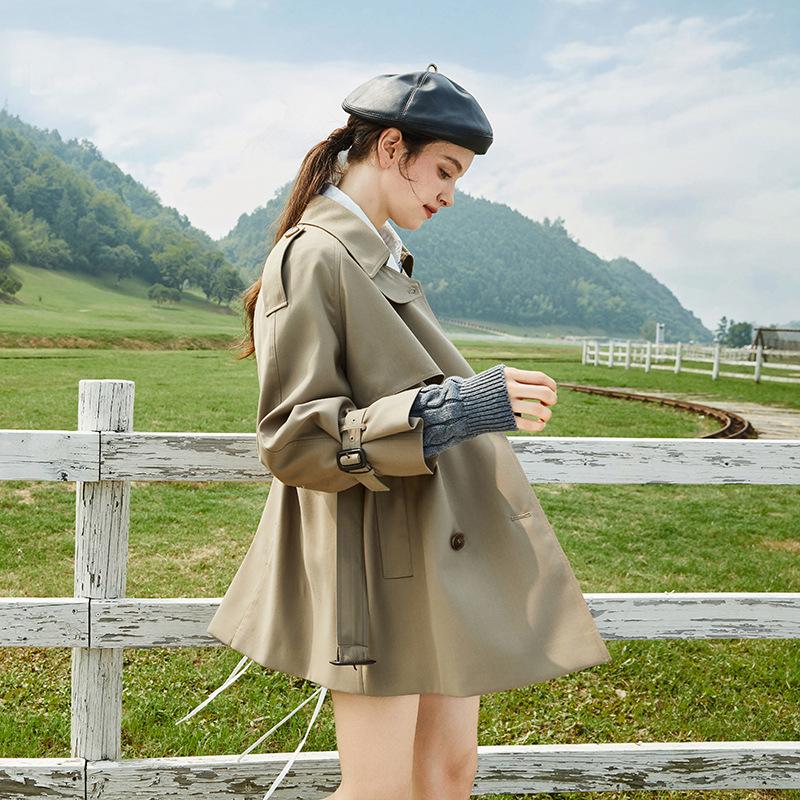 Women's Turn Down Collar Long Sleeve Loose Fit British Style Midi Trench Coat Belted Outerwear Jacket