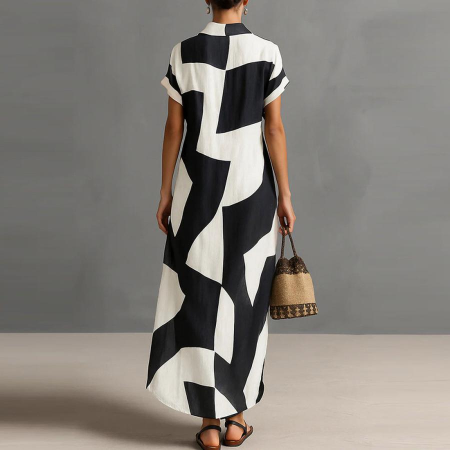 Summer New Geometric Print Shirt Dress for Women Casual Vacation Sun Protection Maxi Dress