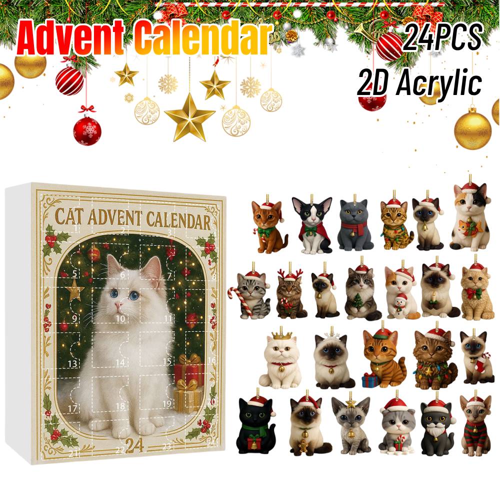 Advent Calendar 2025 24 Days Christmas Countdown with 24Pcs 2D Acrylic Cute Kitten Tree Decoration for Xmas Cat Lovers Gifts