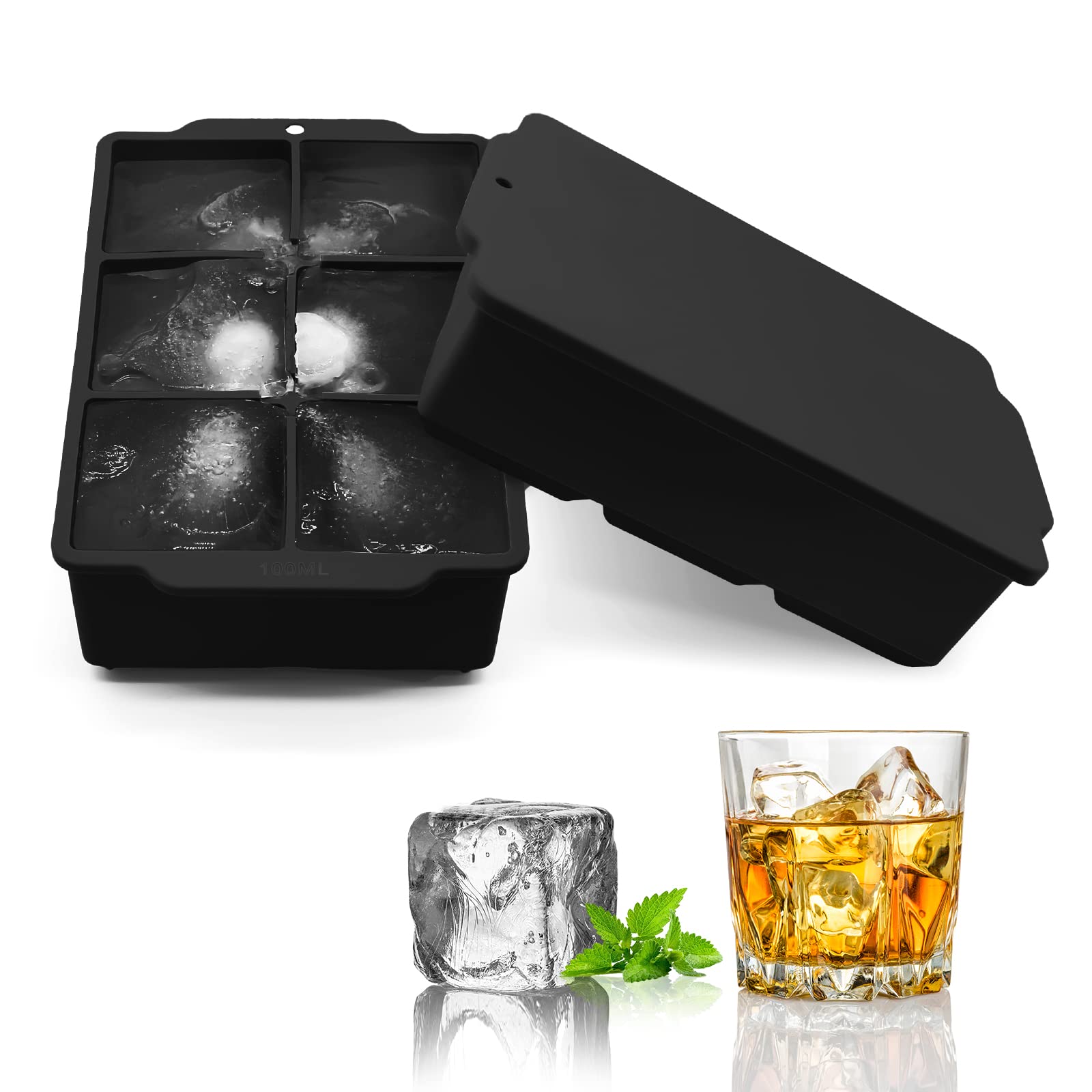 

YOUSHY Ice Trays, Food-Grade Silicone with Lids, Ice Cube Maker, Large Ice, 5cm Square Ice Tray (Black, Set of 2)