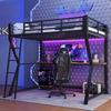 Hoogslaper, 90*200cm, Met LED-verlichting, Computerconsoleplank, Bureau, Stopcontact+USB, Leuning, Trap, zonder Matras, Zwart