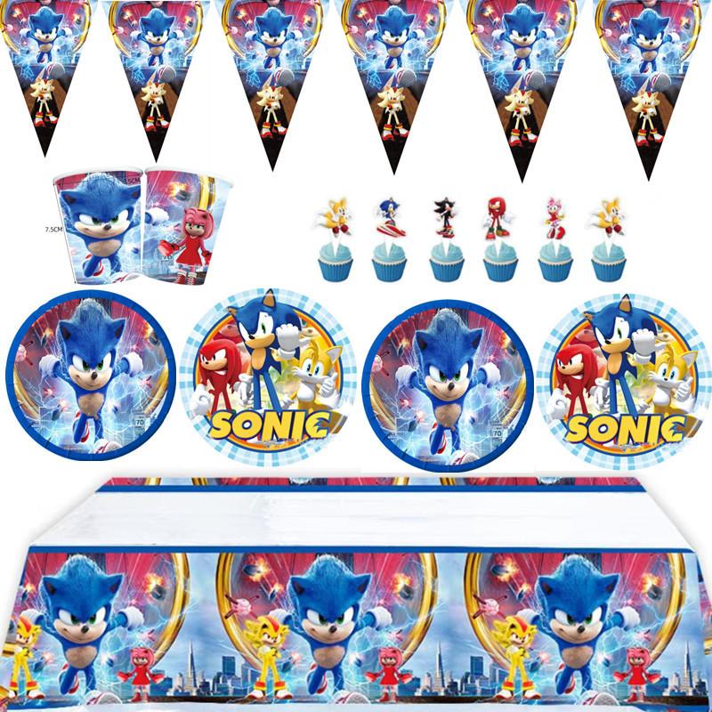 New Sonic Birthday Party Decoration Hedgehog Action Figure Party Paper Plate Knife Fork Paper Towel Cup Tablecloth Toy Kid Gifts