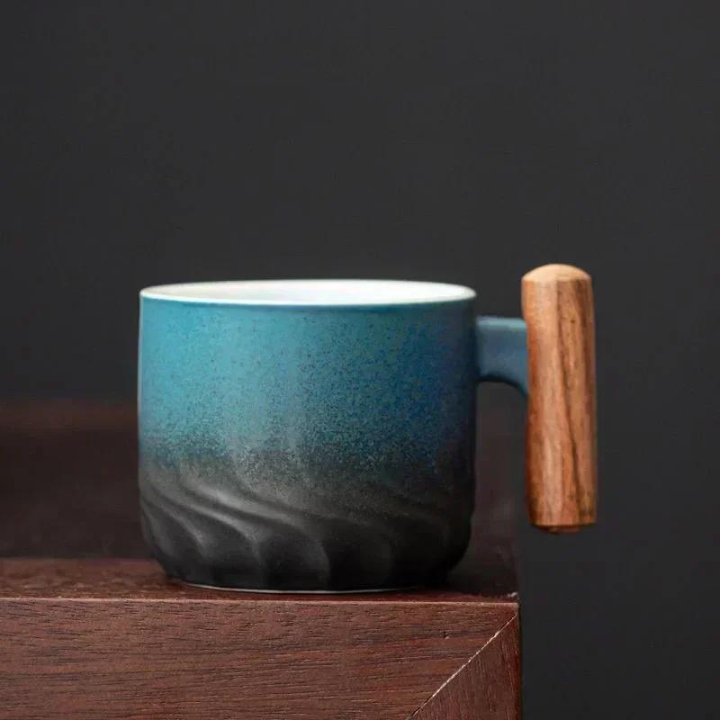 Ceramic Retro Cup Coffe with Wooden Handle Rough Large Capacity Water Tea Mug Handmade Drinkware Teaware for Birthday Gifts