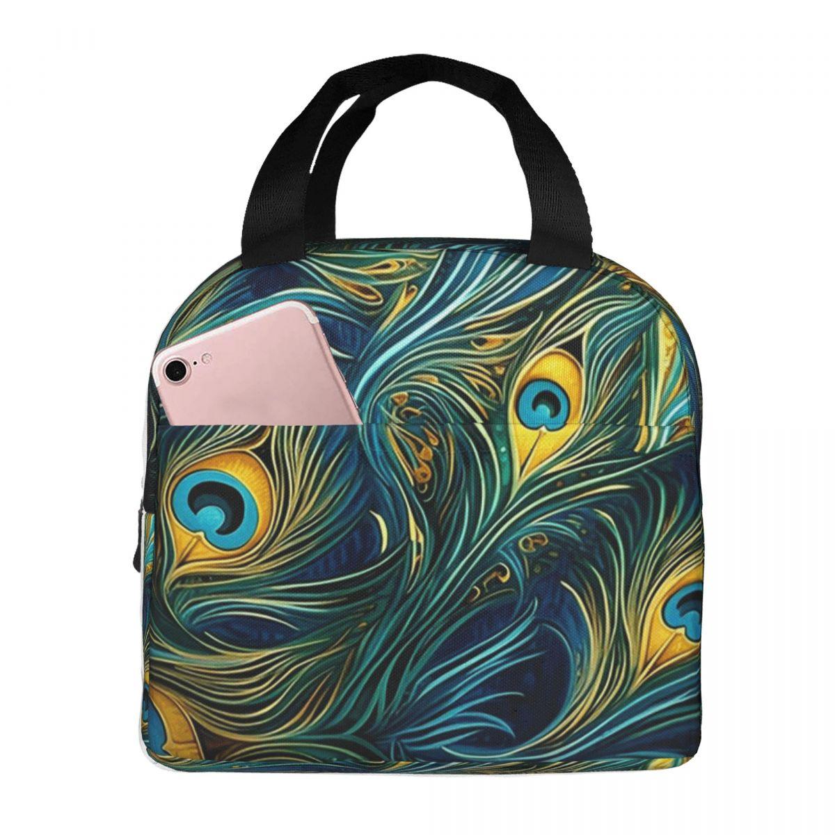 Colorful Peacock Feather Insulated Lunch Bag for Women Children Portable Food Boxes Thermal Lunch Box Tote One Size