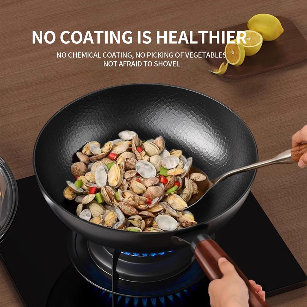 0-coated Hammer-textured Wok, Flat-bottomed Cooking Wok, Hand-forged Stir-frying Wok, Universal Stove, Wok, Iron Wok.
