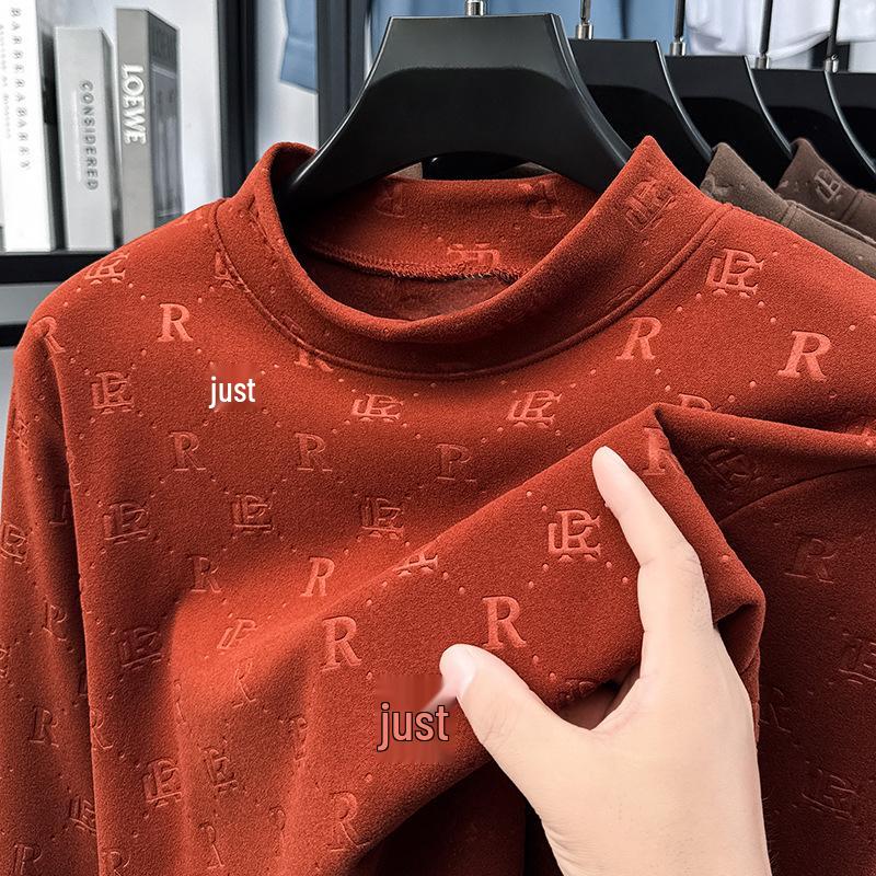 Men s Luxury Velvet Jacquard Hoodie - Double-sided, Half-high Collar, Casual Warm Base Layer for Autumn/Winter M