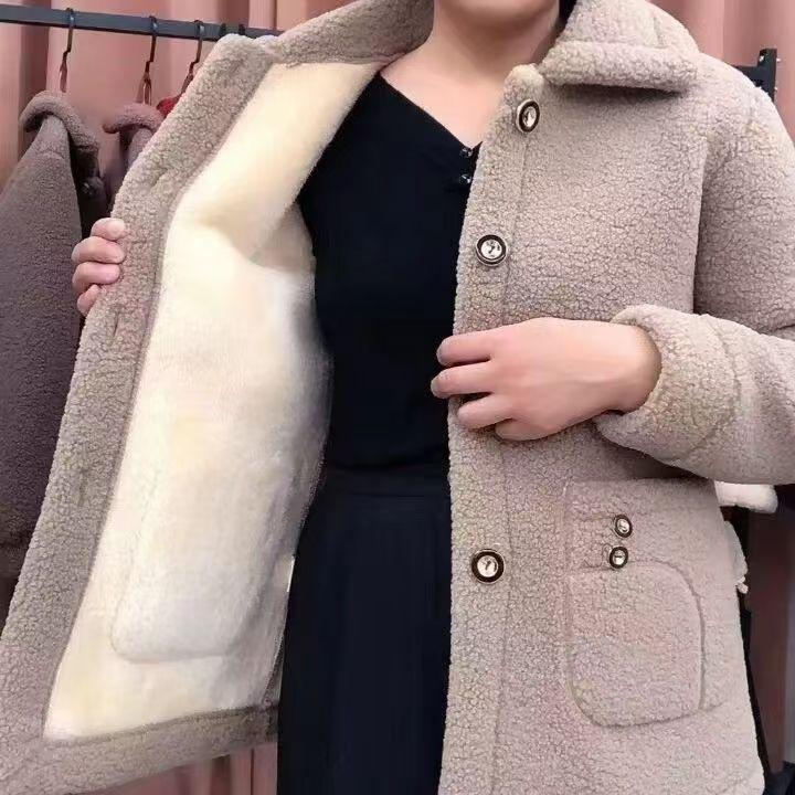 Lambswool Faux Fur Lined Loose Fit Mid-Length Women's Winter Coat, 2025 Autumn/Winter Collection