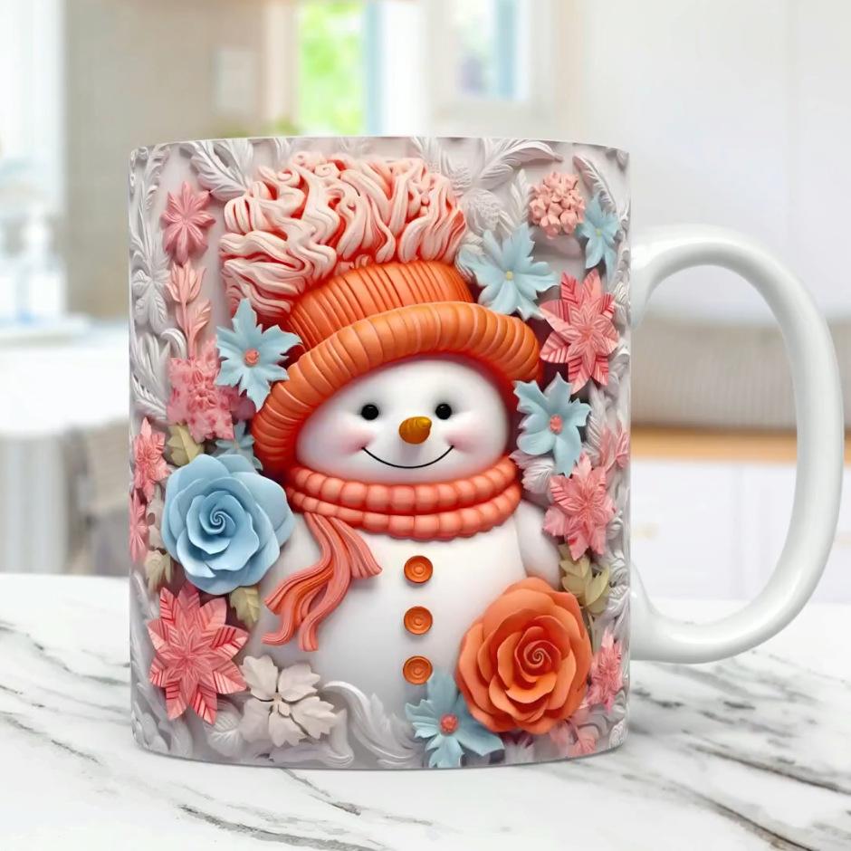 3D Christmas Ceramic Coffee Mug Tea Cup Snowman Flower Snowflake