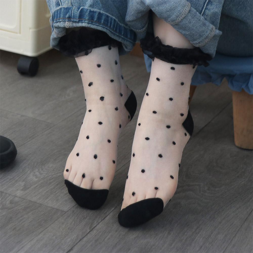 Ultra-thin Glass Silk Ruffled Socks Lace Mesh Dots Socks Sweet   Streetwear