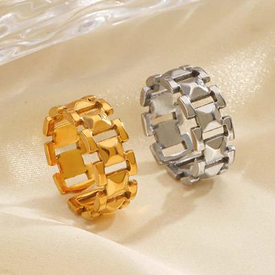 Stainless Steel Geometric Chain Open Rings for Women Men Fashion Gold Color Irregular Hollow Adjustable Finger Ring Zircon Gift