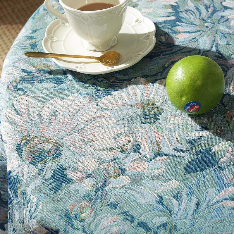 Yarn-Dyed Large Blue Floral Tassel Table Cloth American Style Oil Painting Household Circular Tablecloth Tea Table Cover Towel