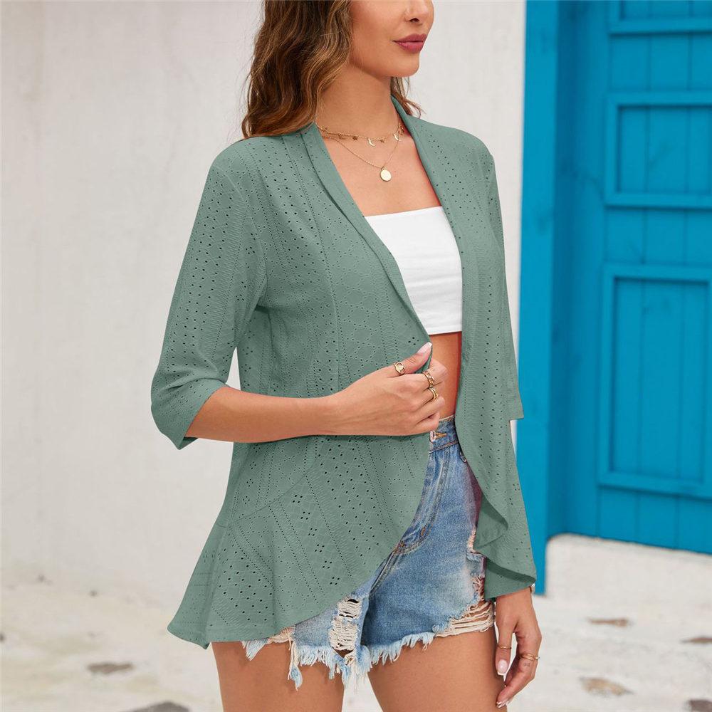 Damski kardigan z otwartym przodem Lekki, jednokolorowy kardigan z drapowanymi falbankami i rękawami 3/4 na letnią jesień