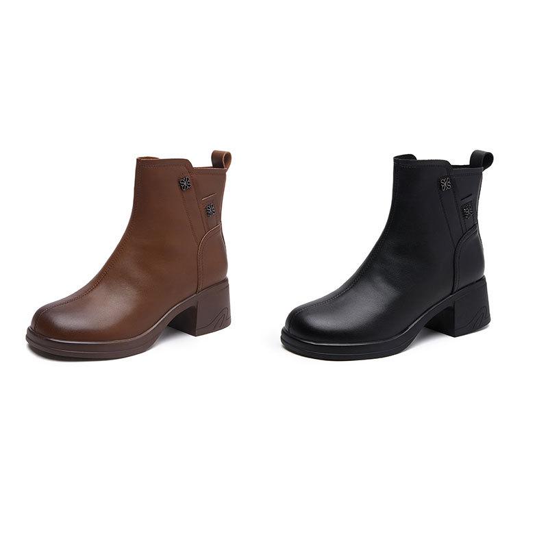 Autumn and winter retro thick heel leather Martin boots women's versatile casual thin brown boots round head large size high heel short boots