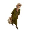 Vintage Solid Turn Down Collar 1 2 Sleeve Loose Long Dress For Beach Vacation