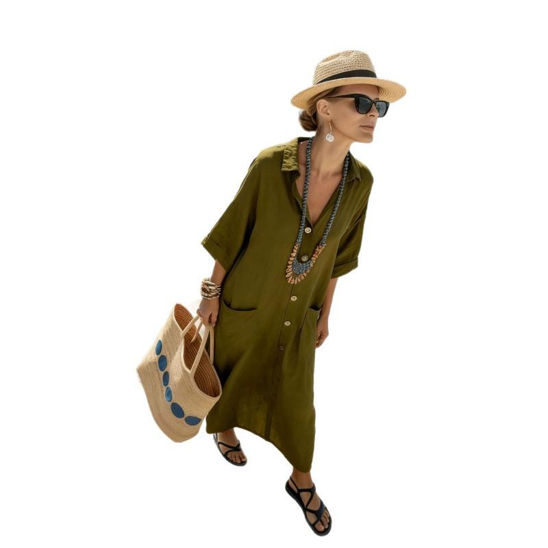 Vintage Solid Turn Down Collar 1 2 Sleeve Loose Long Dress For Beach Vacation
