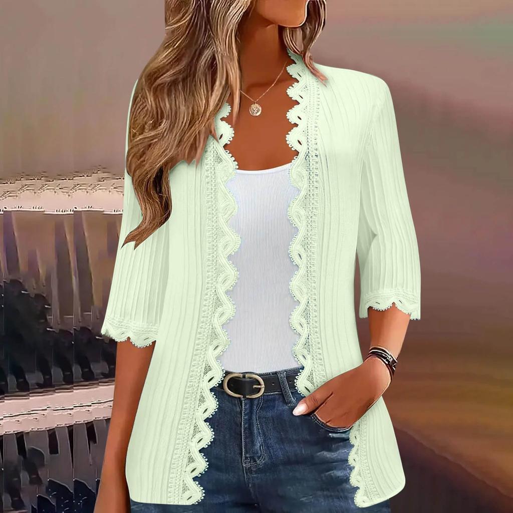 Women's Fashion Casual Seven Split Sleeve Solid Color Lace Cardigan Jacket