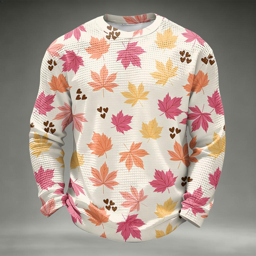 Men's Casual Knit Long Sleeve Neck T-Shirt with Fall Leaf Print
