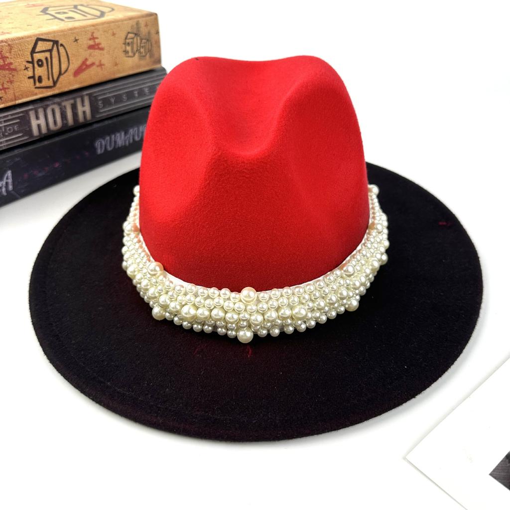 Women's New Fashion Pearl Accessories Woolen Top Hat Color Matching Jazz Hat European and American Style Men's Outdoor Sun Hat