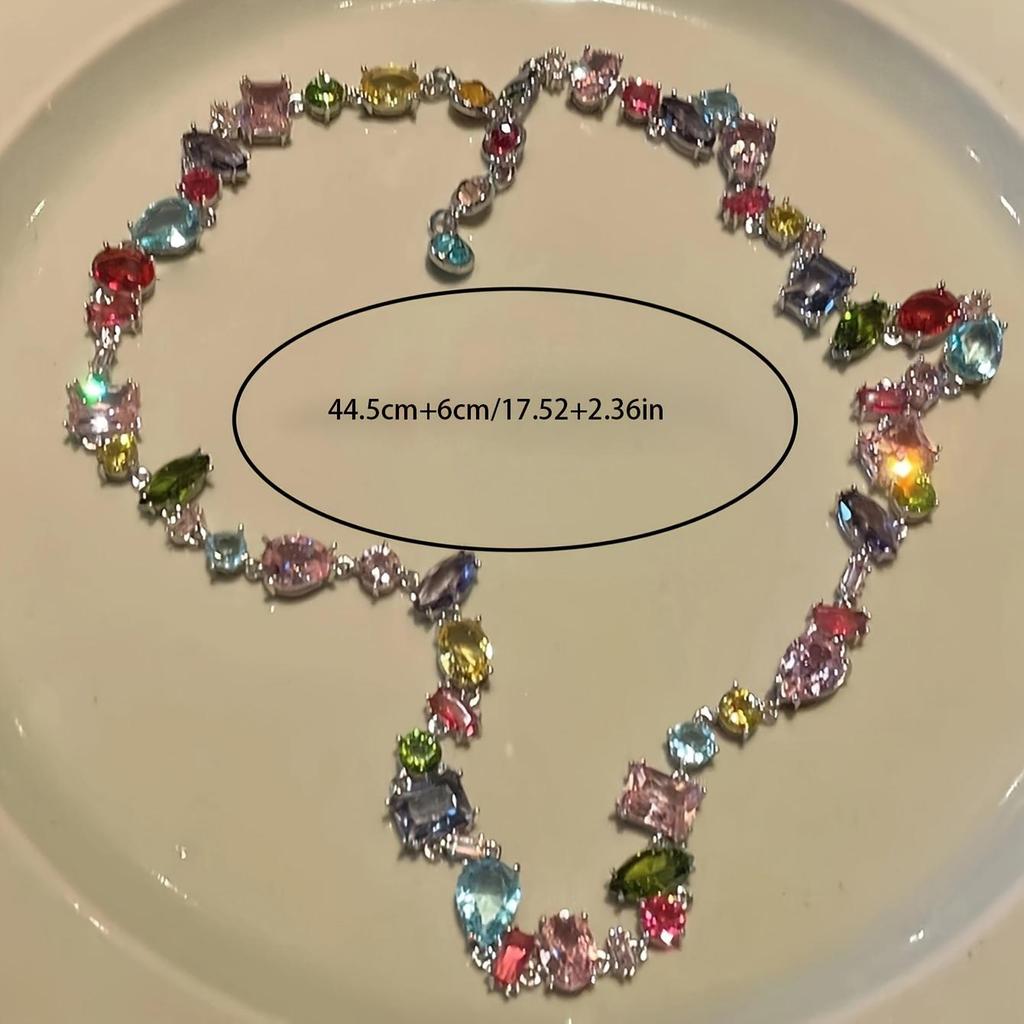 Candy Color Crystal Zircon Necklace, Sparkling Y2K Style, Rainbow Collarbone Chain, Jewelry Gift, Suitable for Eid Al-Fitr.