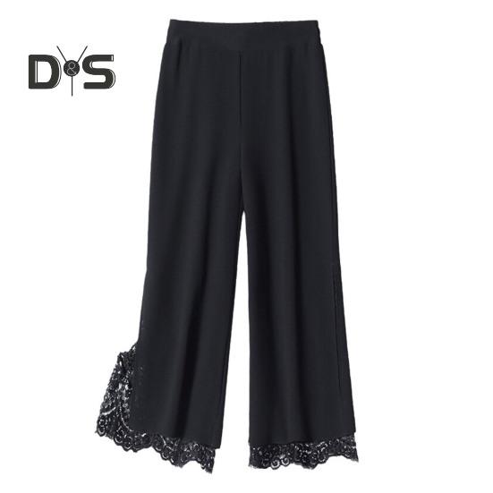 

Женские укороченные брюки, кружевные лоскутные однотонные женские брюки с высокой талией, прямые тонкие боковые разрезы, длина до середины икры, женские брюки в повседневном стиле M чёрный