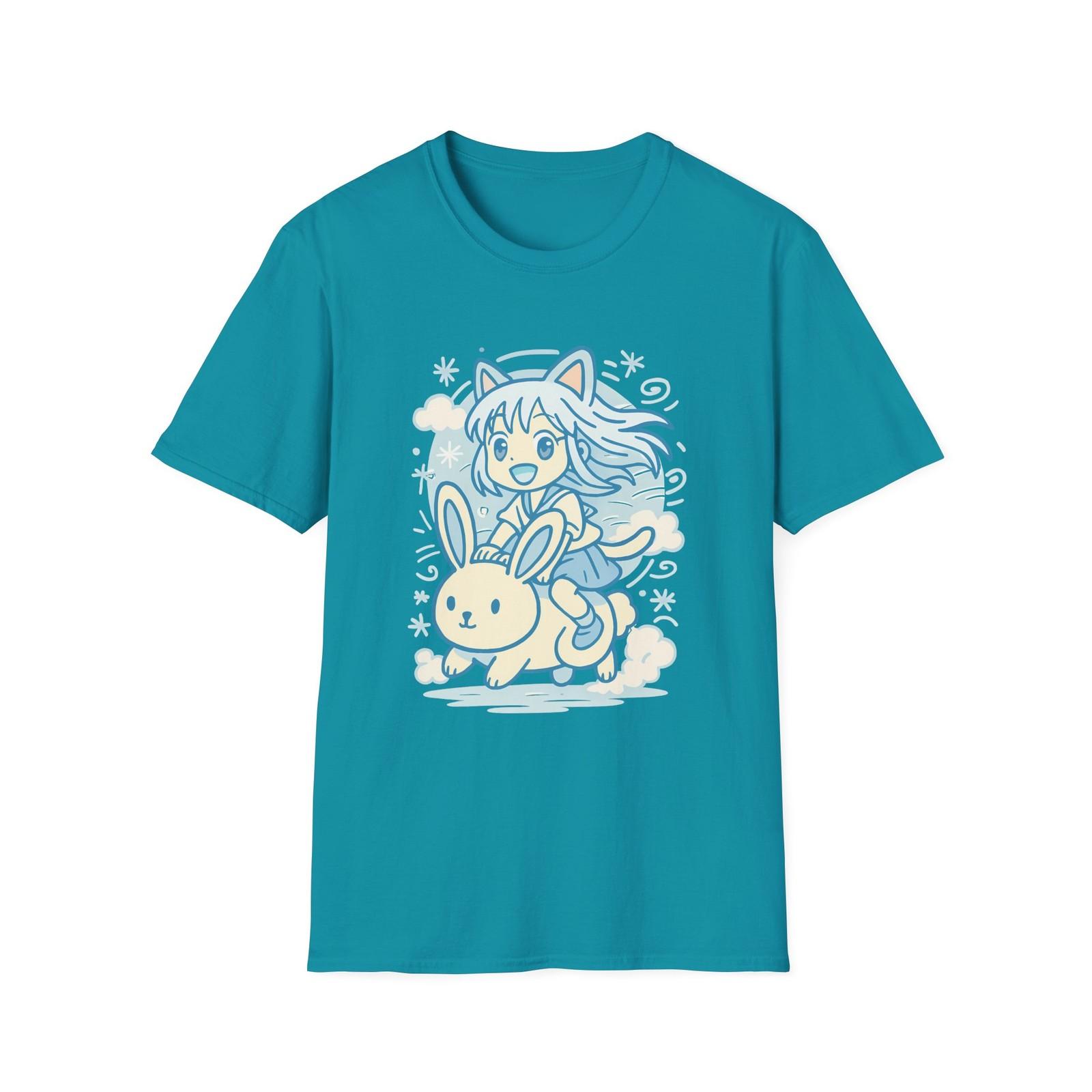 Unisex Softstyle Anime Fantasy T-Shirt Mens Womens Tees Top – Cat Girl Riding Bunny, Dreamy, Cute S