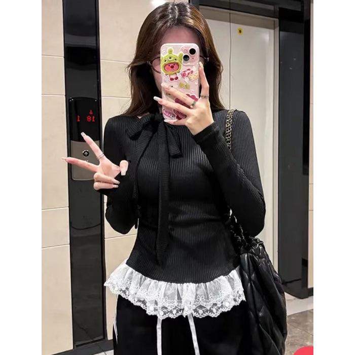 Niche Sexy Bow Long-Sleeve Lace Splice Slim Fit Top for Early Autumn