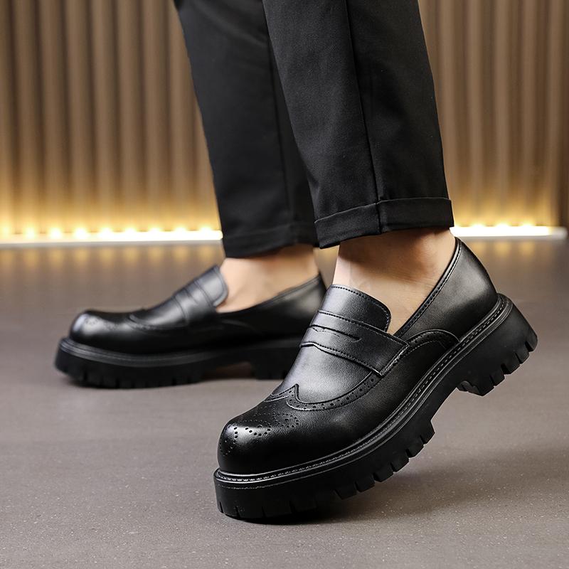 Vintage Brown Men's Brogue Leather Shoes Autumn Round Toe Platform Loafers Man Casual Formal Business Shoes mocasines hombre