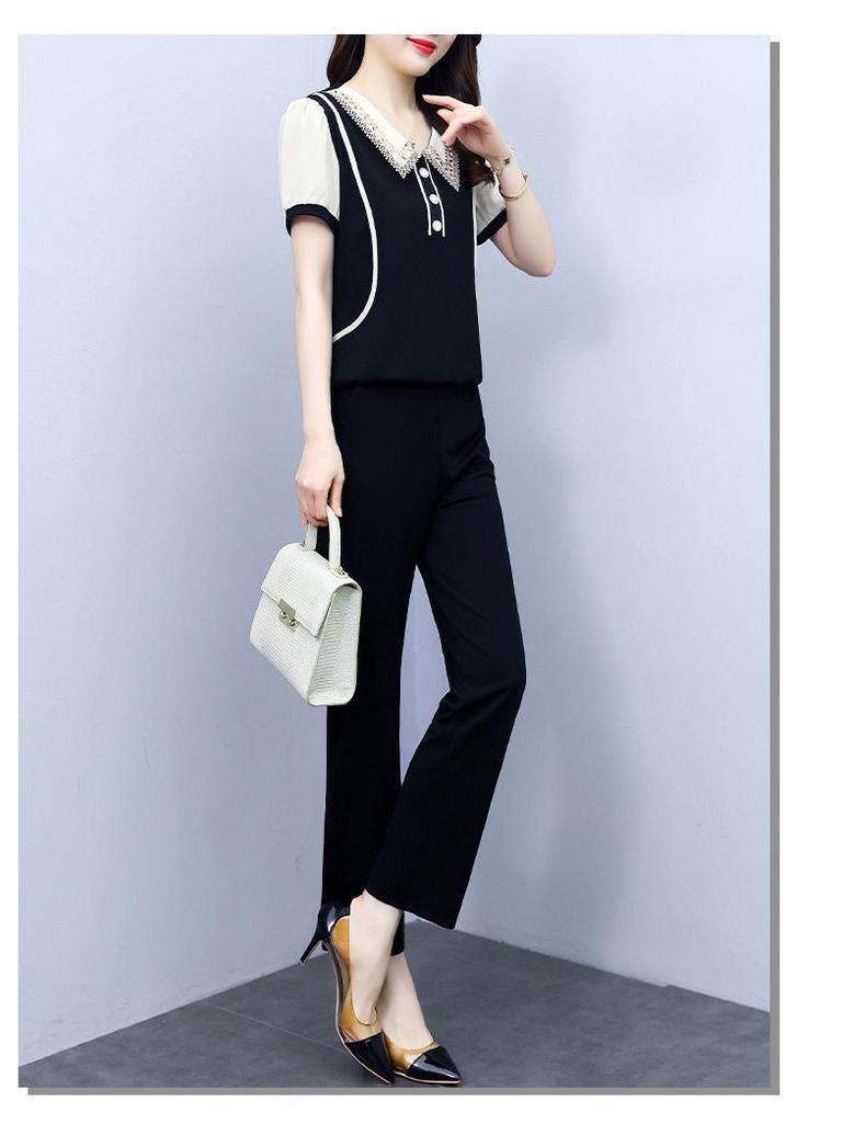 Chic Chiffon Short-Sleeve Top & Long Pants Plus Size Women's High-End Summer Suit