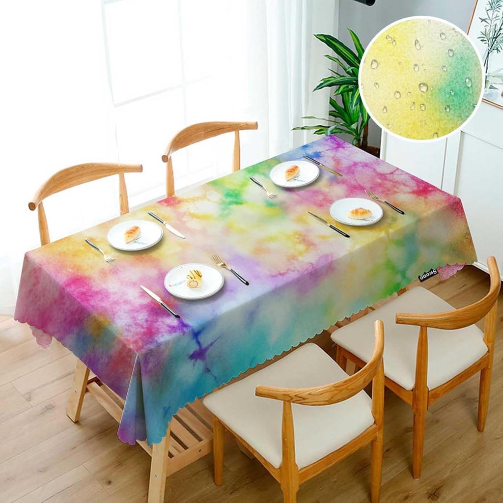 Rainbow Splash Tie Dye Pattern Tablecloth Heavy Duty Table Cover for Rectangle Tables Dining Party Camping BBQ Decoration