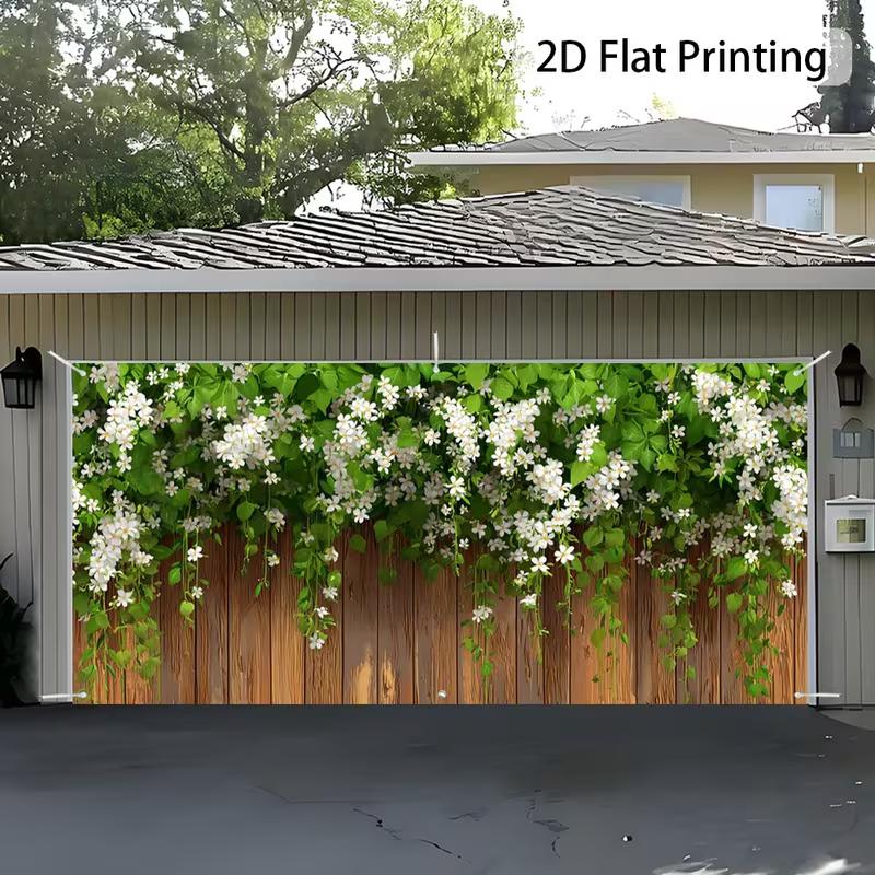 Sfondo per Porta del Garage in Legno Rustico 2D con Rampicante Bianco e Fiori Striscione per la Casa