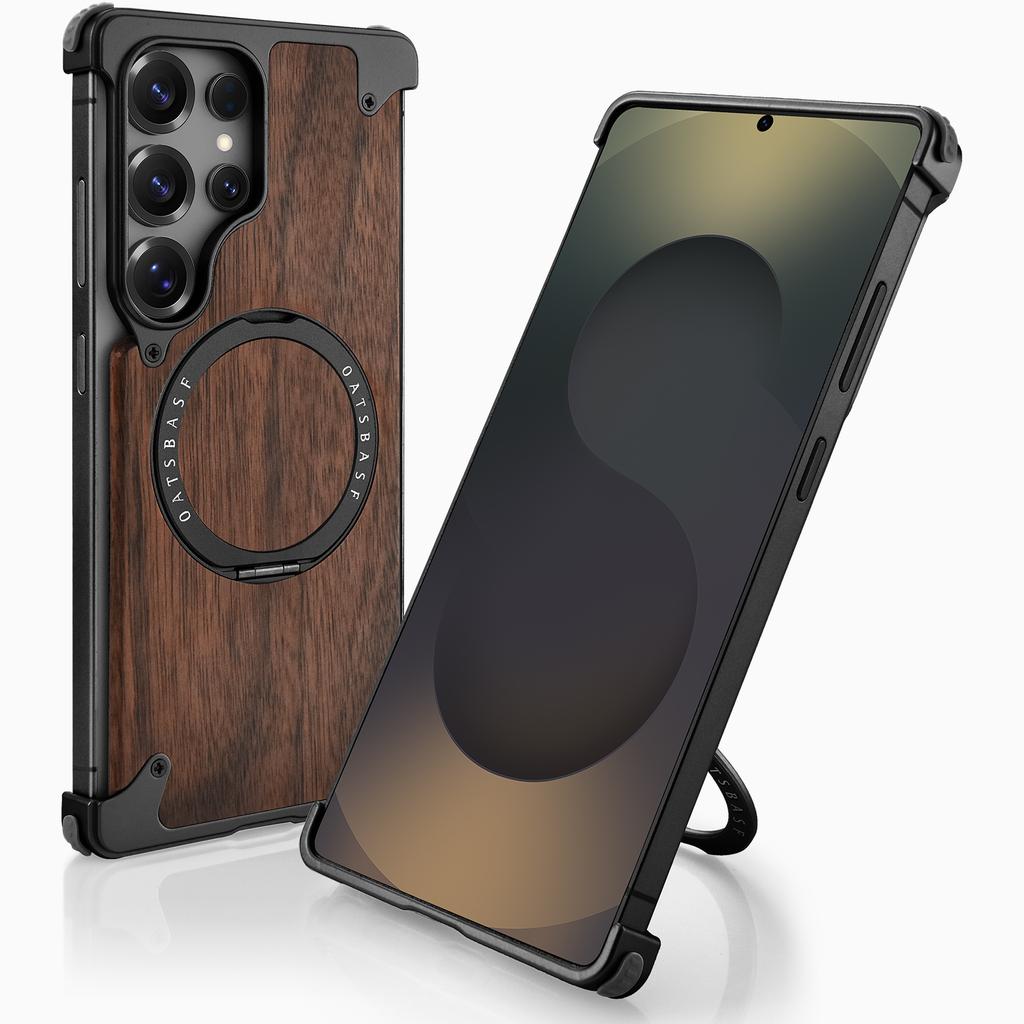 Eary Wood Case for Galaxy S25 S24 Ultra With 360° Rotation Kickstand Shockproof Protective Cover Unique Wooden Design Frameless