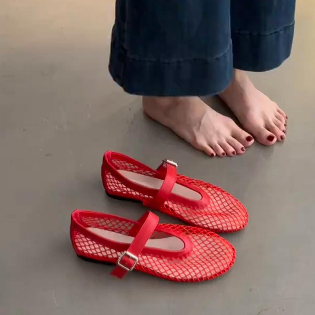 Sheepskin Version~ Korean Version of Niche Mesh Yarn Hollow Shallow Mouth Single Shoes Women's Summer One-word Belt Outside Wear Breathable Flat Sand