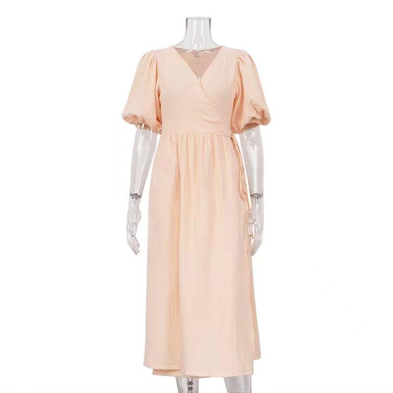 

New Summer French style V-neck Lace-up Solid Puff sleeve Waist Hugging Dress V-Neck Lace up Dress Apricot S