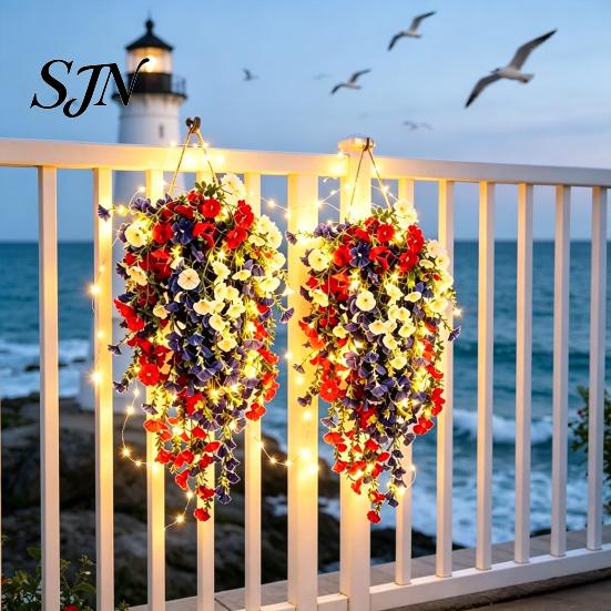 Fade Resistant Decor Patriotic Hanging Basket, Red White Blue Artificial Flowers for America's Flower Basket 250th Anniversary, UV Outdoor Indoor