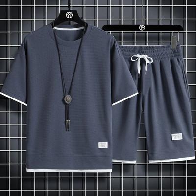 2025 Summer Men's Sports Set Casual T-Shirt + Shorts Set Waffle Solid Color Short-sleeve Shorts Two Sets Tracksuit Loose Suits