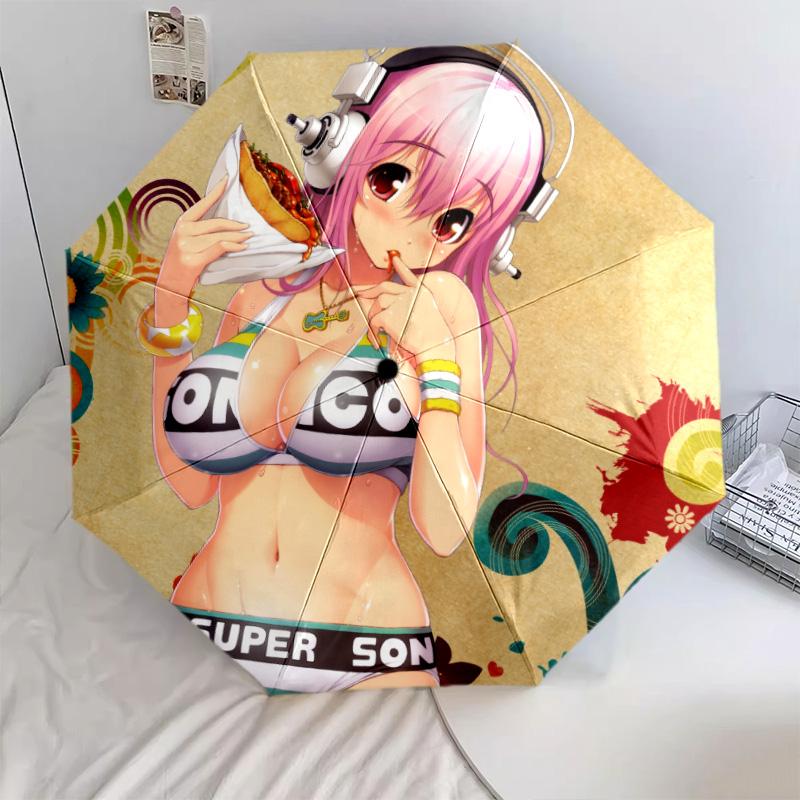 Super Sonico  pattern, automatic folding umbrella, portable and foldable design, 8 ribs, a Christmas or birthday gift.