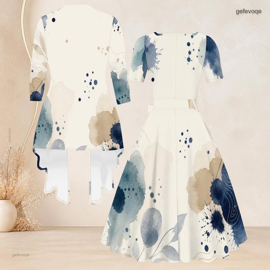 Women Plus Size Printed Two Piece Set Square Neck Short Sleeve Tie Waist Flared Dress 3 4 Sleeve Cardigan
