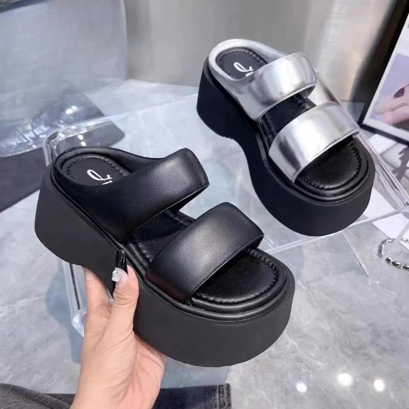 Fashion 2025 New Summer Women Slippers Flip-Flops Ladies Wedge Heels Shoes Woman High Platform Beach Slipper Outside Black Sandals 9CM